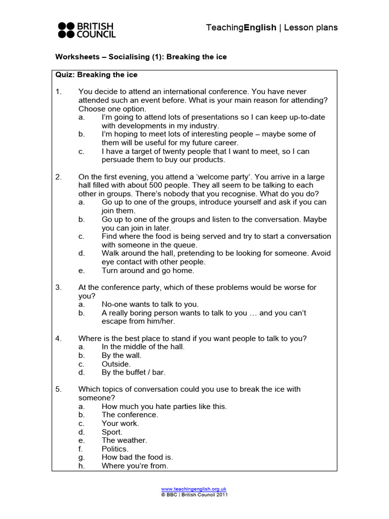 Socialising 1 - Breaking The Ice - Worksheets JD - 0 | PDF | Conversation