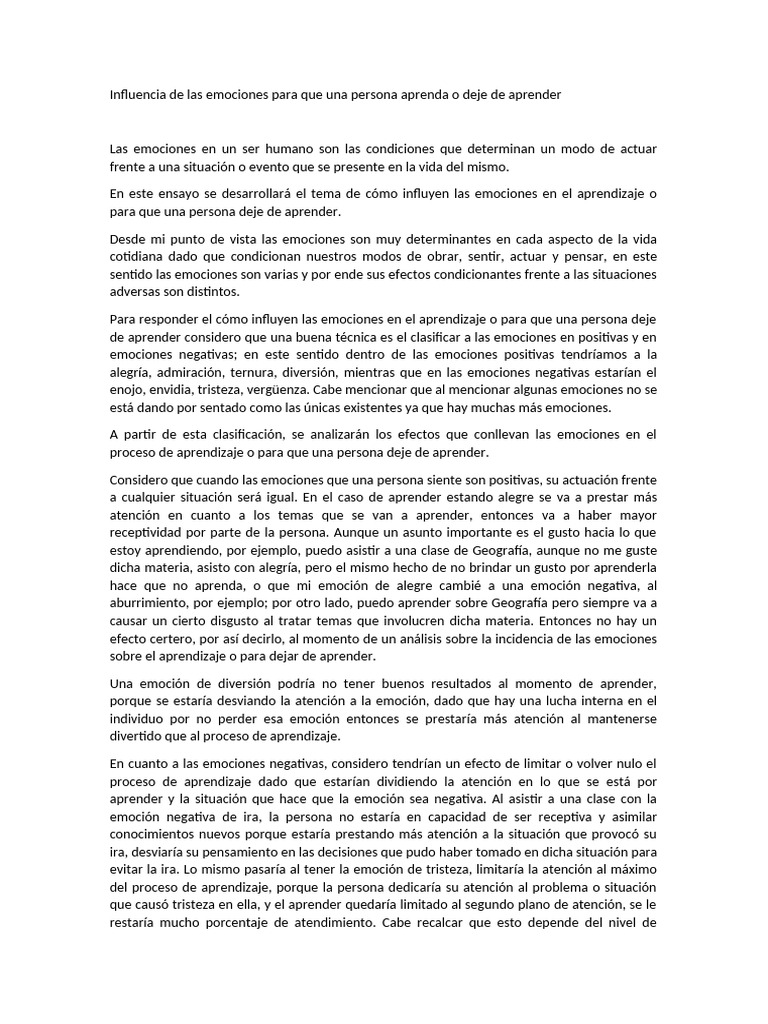 Emociones y su impacto en el aprendizaje | PDF | Aprendizaje | Las ...