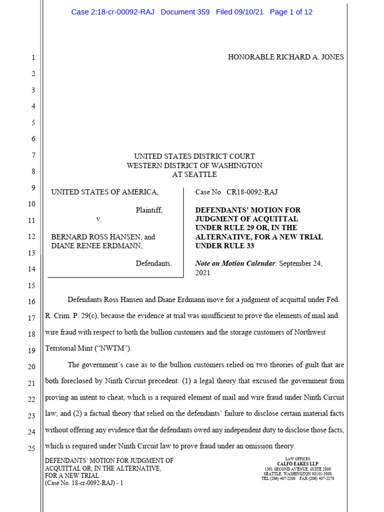 Hansen Rule 29 Motion - Benefit of The Bargain | PDF | Acquittal | Fraud