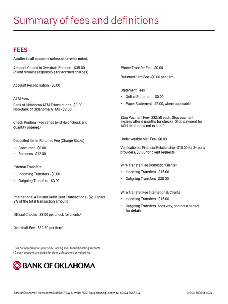 Bank of Oklahoma Fee Summary | PDF | Transaction Account | Overdraft