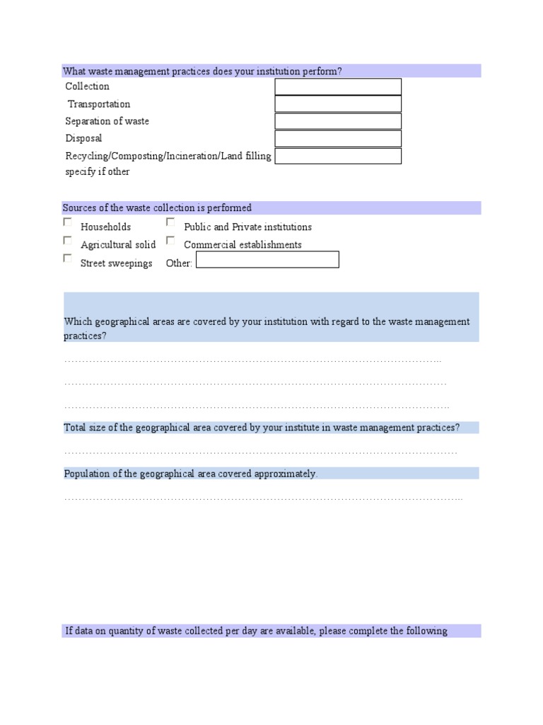Waste Management Practices-sample Questionnaire | Waste Management