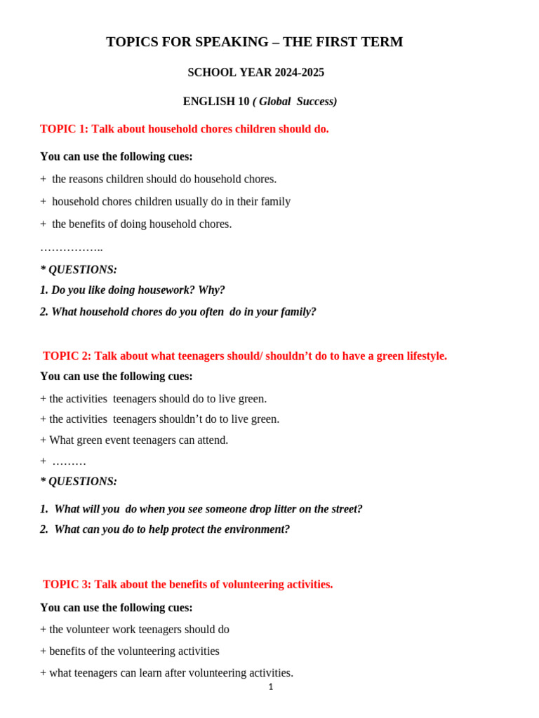Topics For Speaking - English 10 | PDF