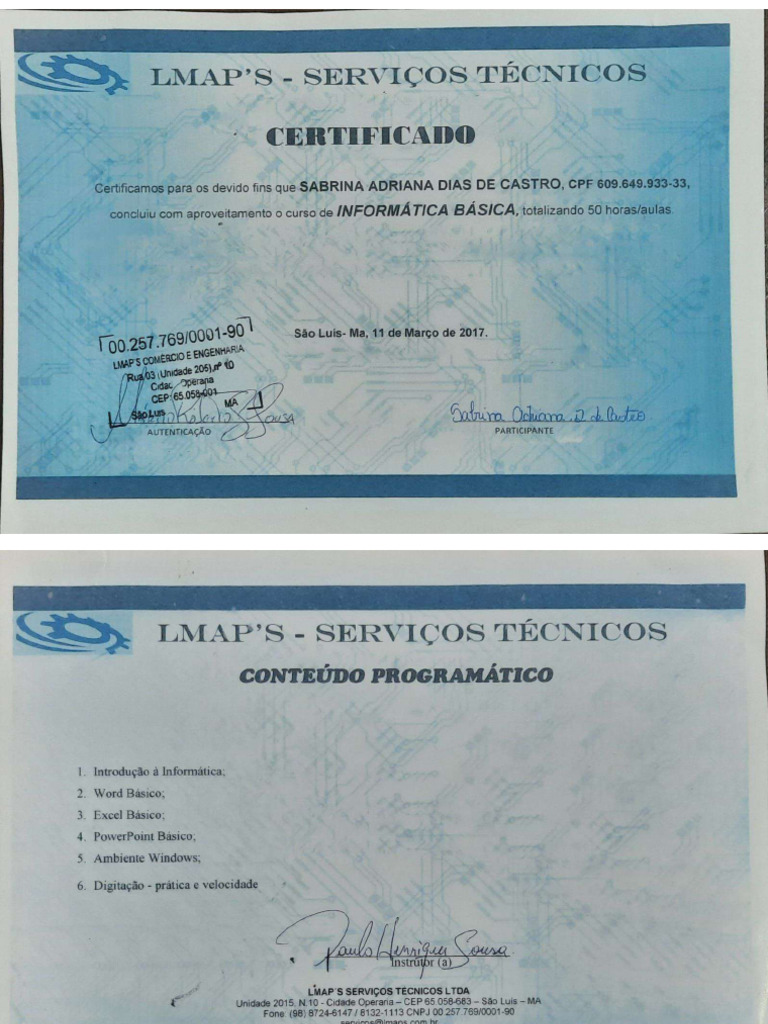 Certificado Curso - Informática Básica - Sabrina Adriana | PDF