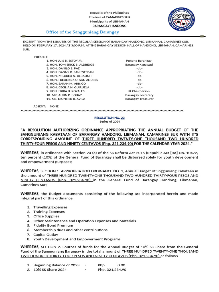2024 Budget Resolution for SK Handong | PDF | Government Finances ...