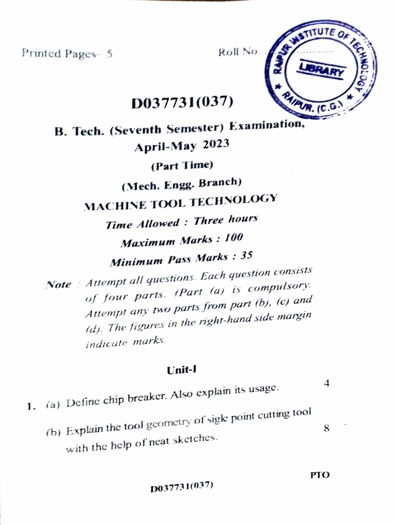 B.Tech Mech Engg Exam Paper | PDF | Mechanical Engineering