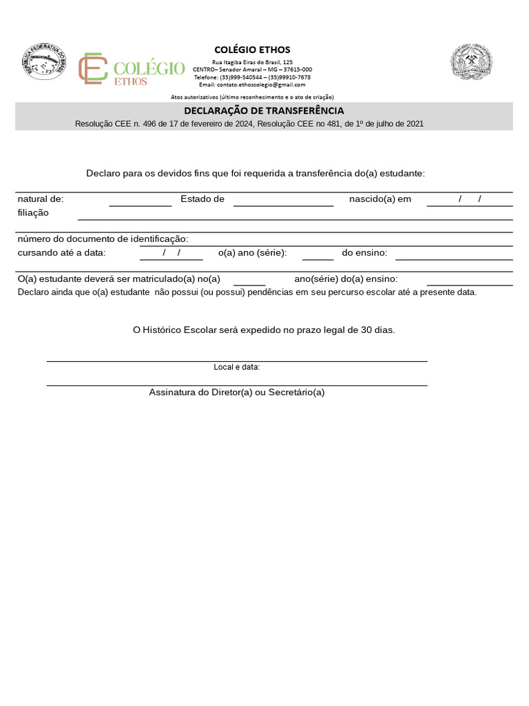 Declaração de Transferência Escolar | PDF