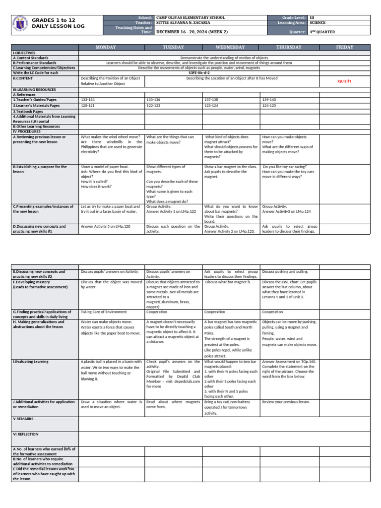 Grade 3 Science Daily Lesson Log | PDF | Learning | Magnet