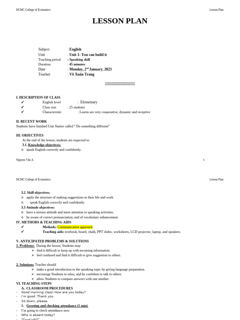 English Speaking Lesson Plan for Beginners | PDF | Lesson Plan | Human ...