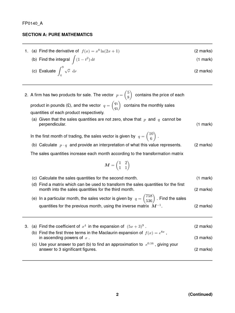 Pure Mathematics and Statistics Exam FP0140_A | PDF | Statistical ...