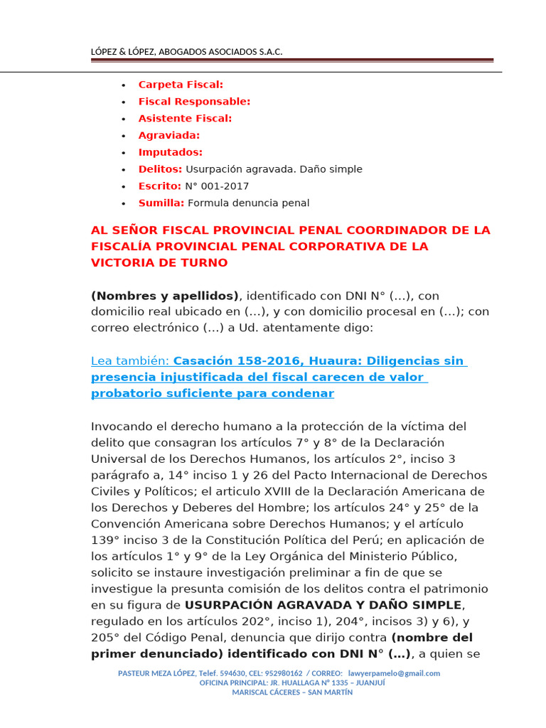 Denuncia por Usurpación Agravada y Daño | PDF | Fiscal | Castigos
