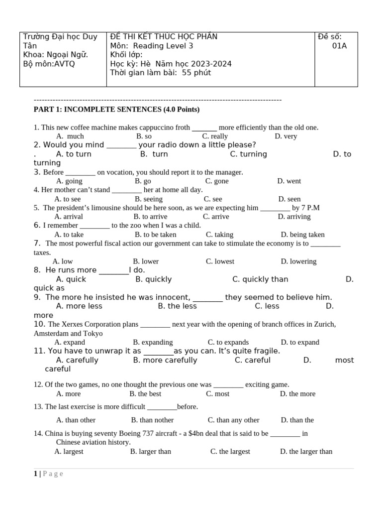 Final Exam - Eng 216.01a - HK Hè - 2023 - 2024 | PDF