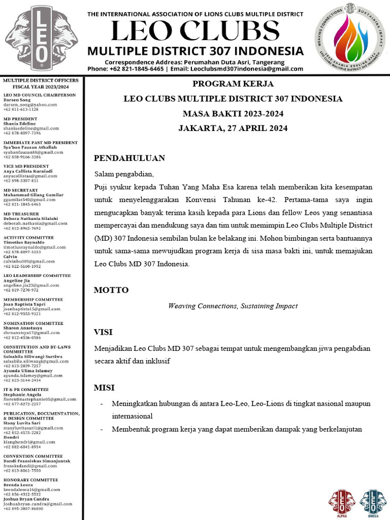 Program Kerja Leo Clubs MD 307 2023-2024 | PDF