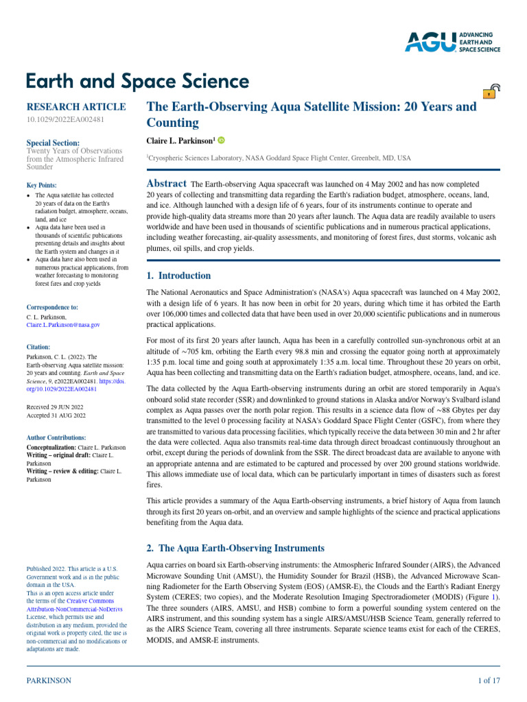 The Earth-Observing Aqua Satellite Mission 20 Year | PDF | Greenhouse ...