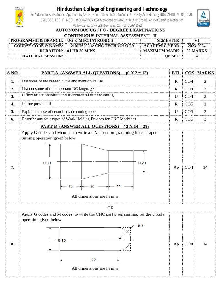 CIA -II CNC SET A | PDF | Numerical Control | Metalworking