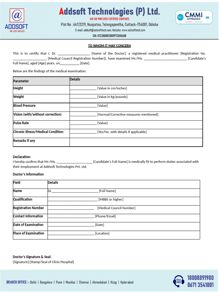Medical Fitness Certificate Template | PDF