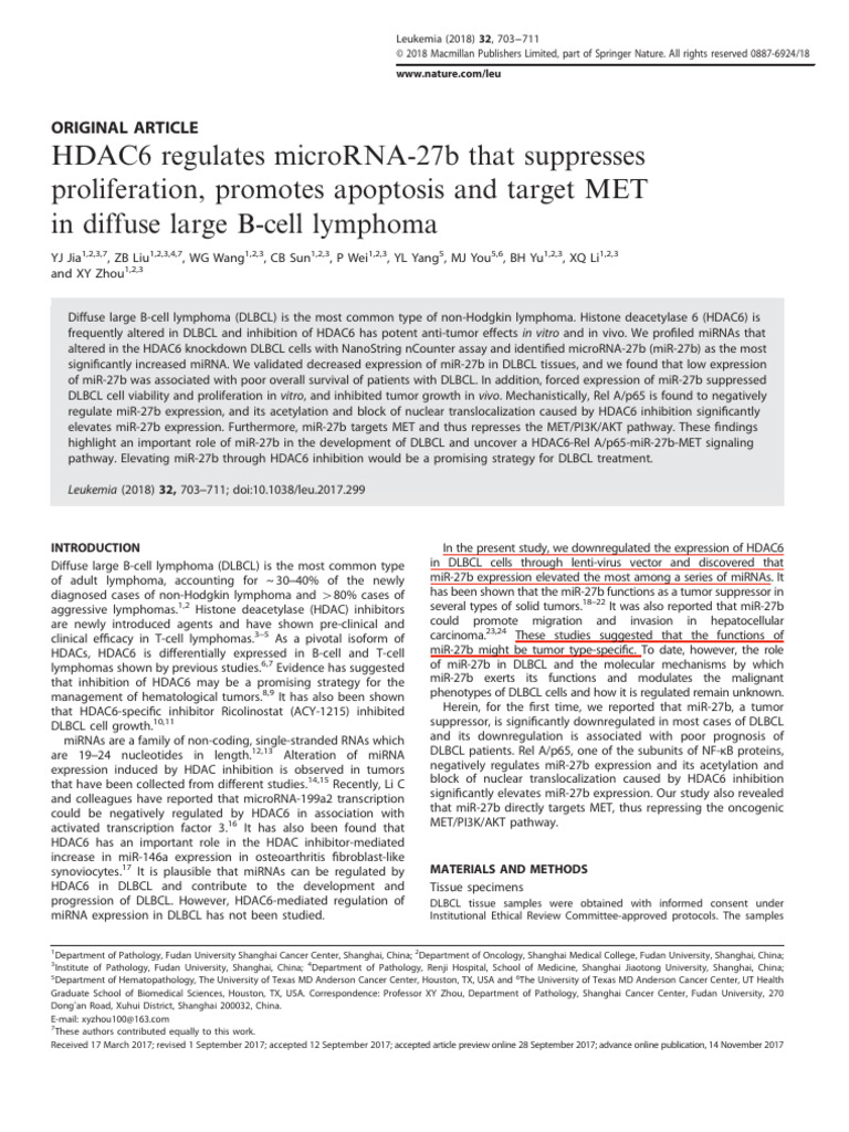 2018-Leukemia-HDAC6 Regulates MicroRNA-27b That Suppresses ...