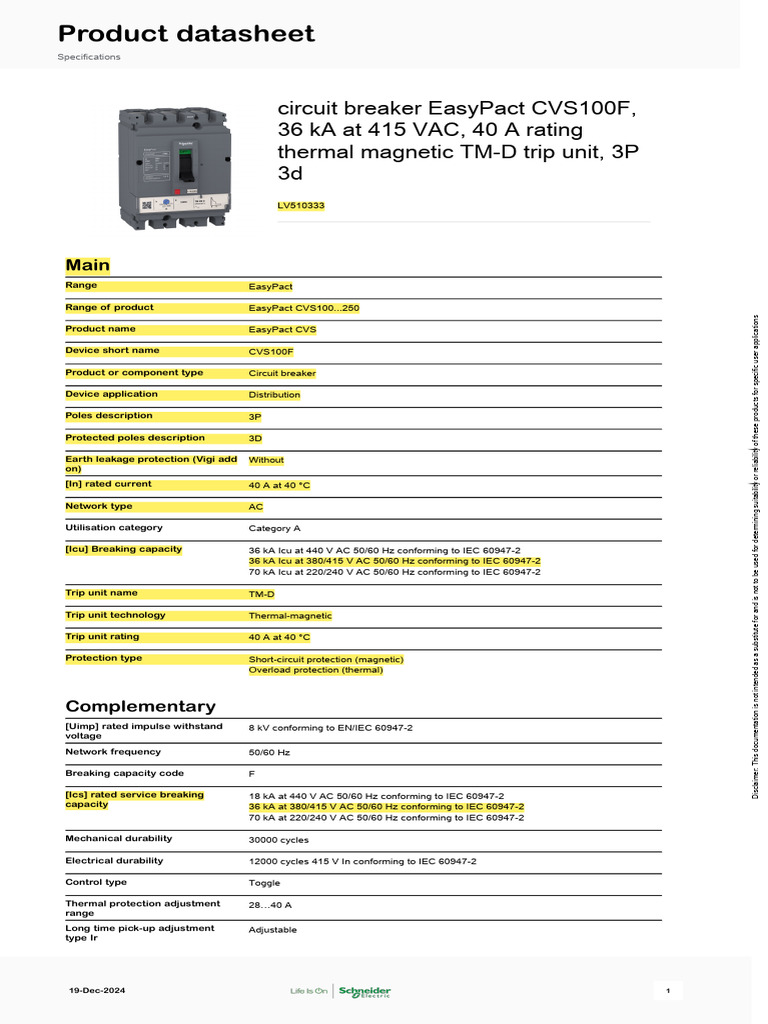 EasyPact CVS100F Circuit Breaker Specs | PDF | Alternating Current ...