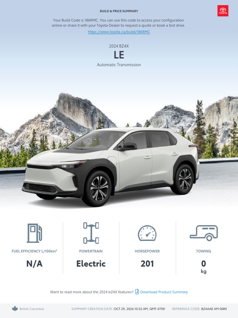 Toyota Build and Price 2024 BZ4X LE 4 | PDF | Insurance | Taxes