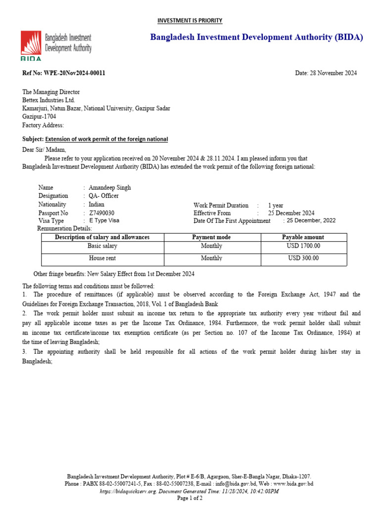 Extension Work Permit 24 of Mr. Amandeep Singh | PDF | Travel Visa | Taxes