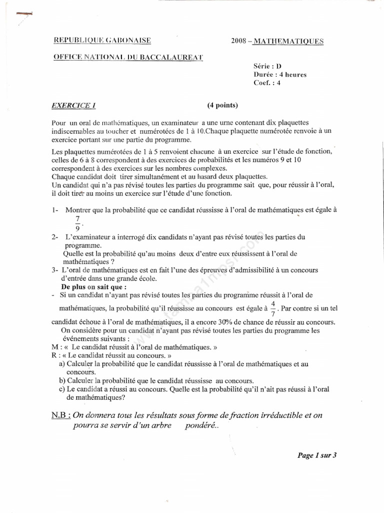 Sujet Maths Bac 2008 Série D | PDF | Fonction (Mathématiques) | Analyse ...