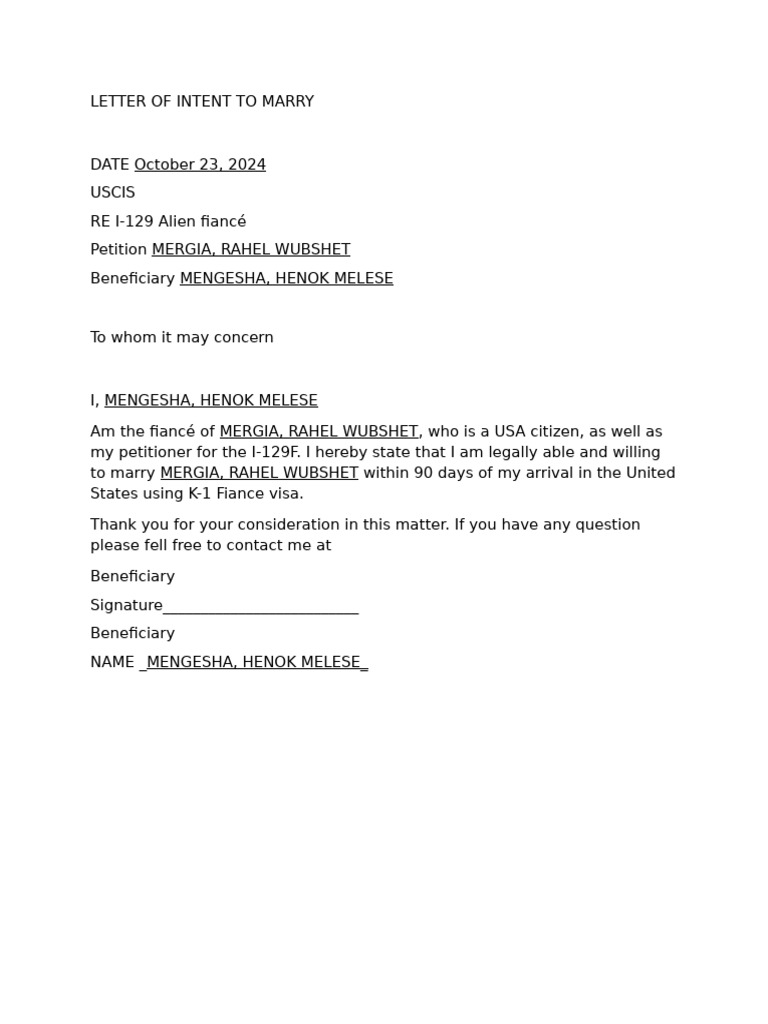 Letter of Intent for K-1 Visa Marriage | PDF