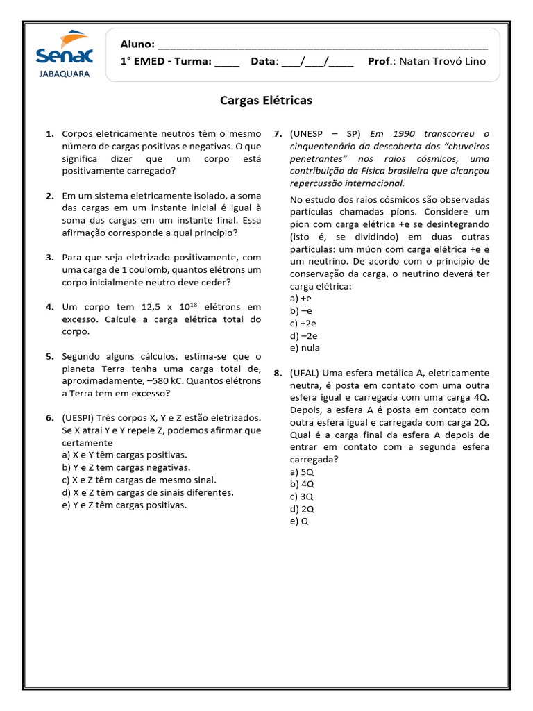 Cargas Elétricas: Questões e Cálculos | PDF | Carga elétrica | Elétron