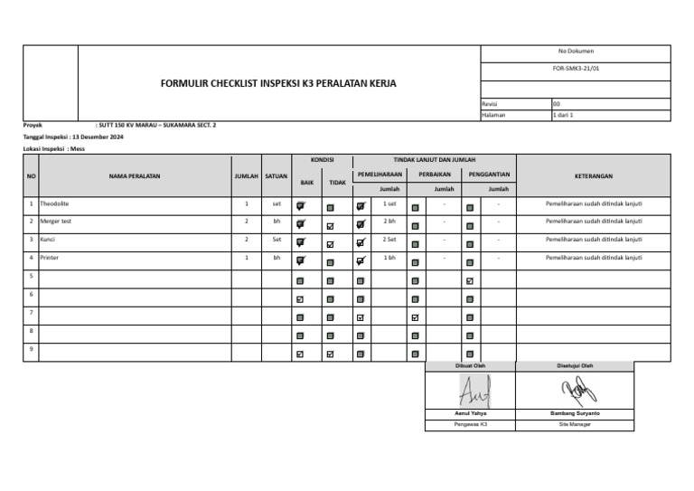 Checklist Inspeksi K3 Peralatan Kerja | PDF