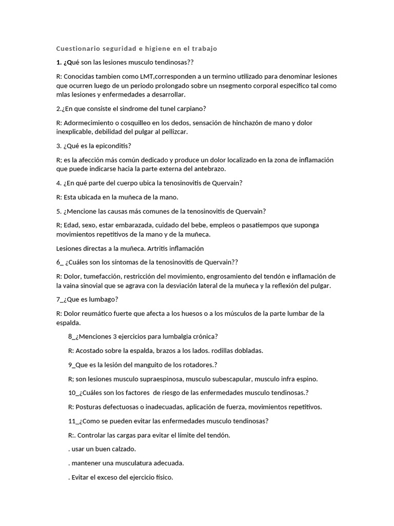 Cuestionario Seguridad e Higiene en El Trabajo 2 Parcila | PDF | Estrés ...