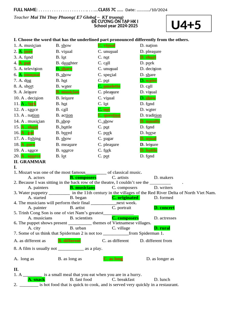 Class 7C English Exam Review 2024 | PDF | Vietnamese Cuisine | Cuisine