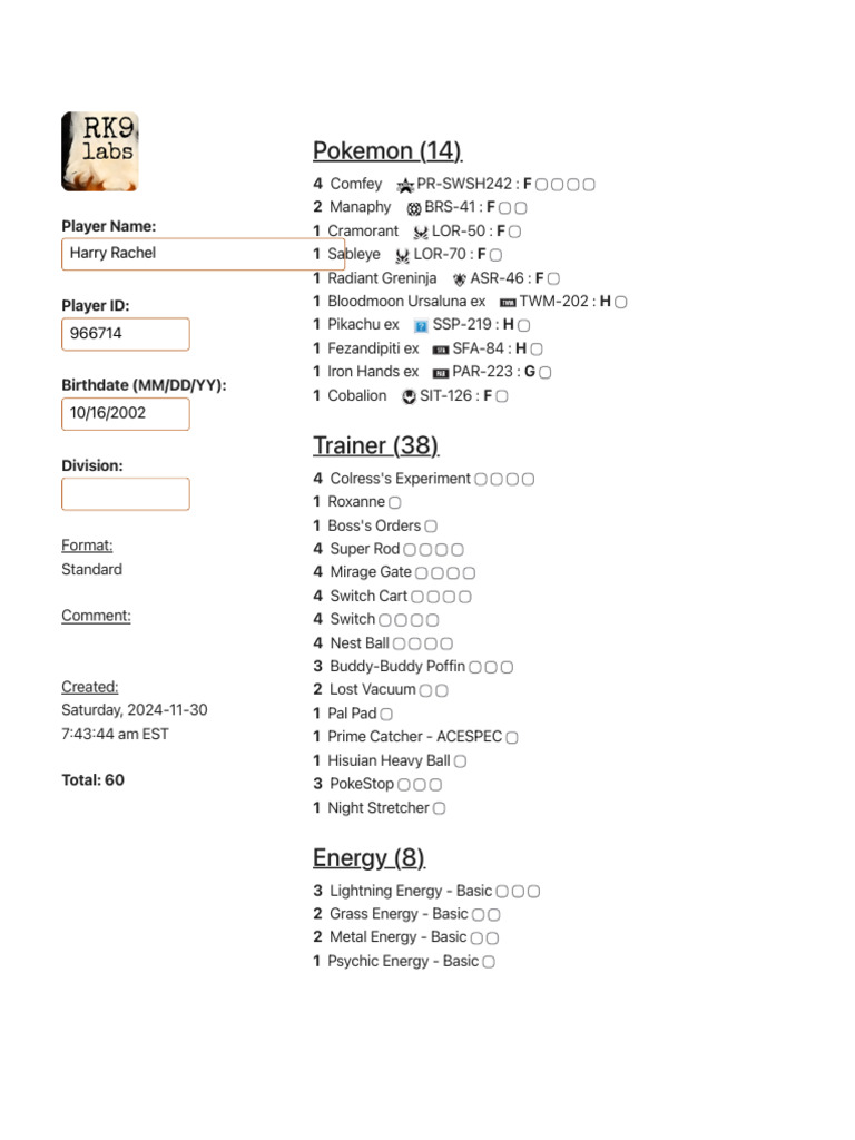 Standard Pokémon Deck List: Harry Rachel | PDF