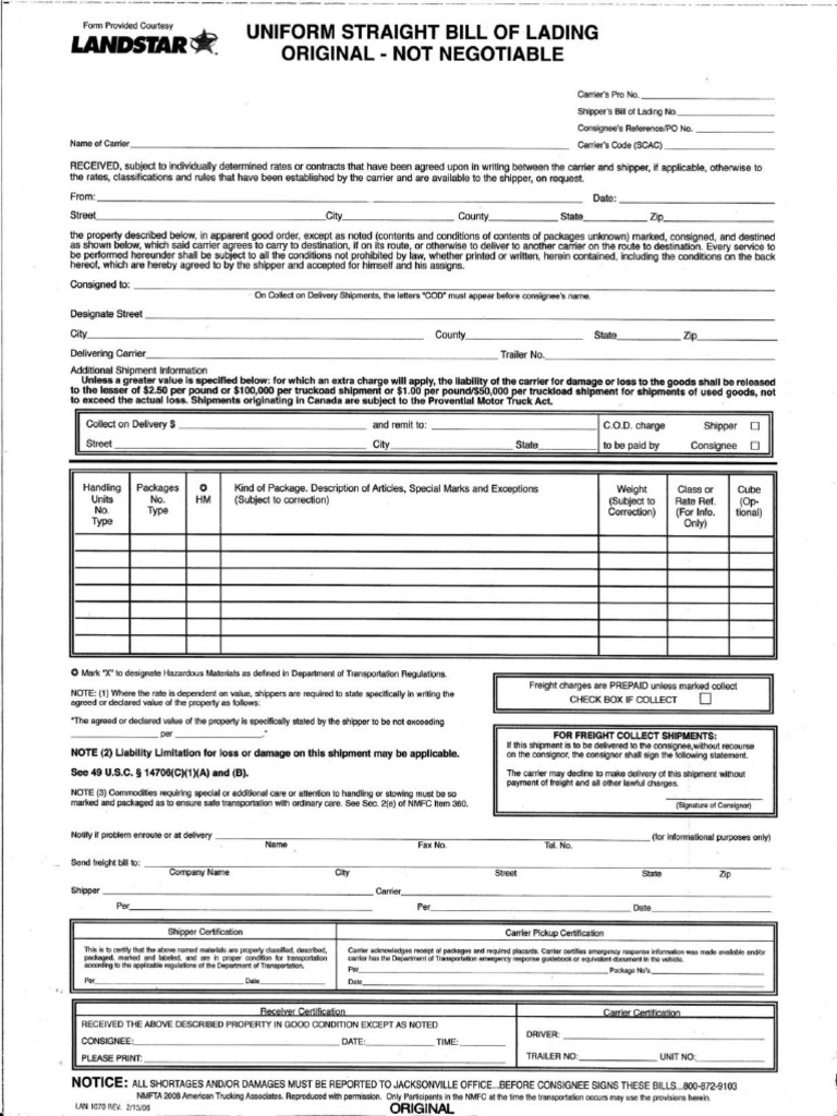 Landstar TONU Bill of Lading BLANK | PDF