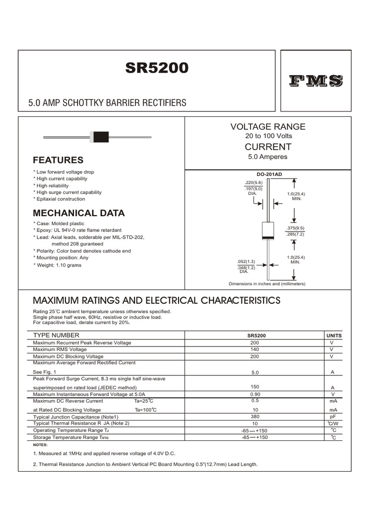SR5200 Schottky Rectifier Datasheet | PDF | Rectifier | Electronic ...