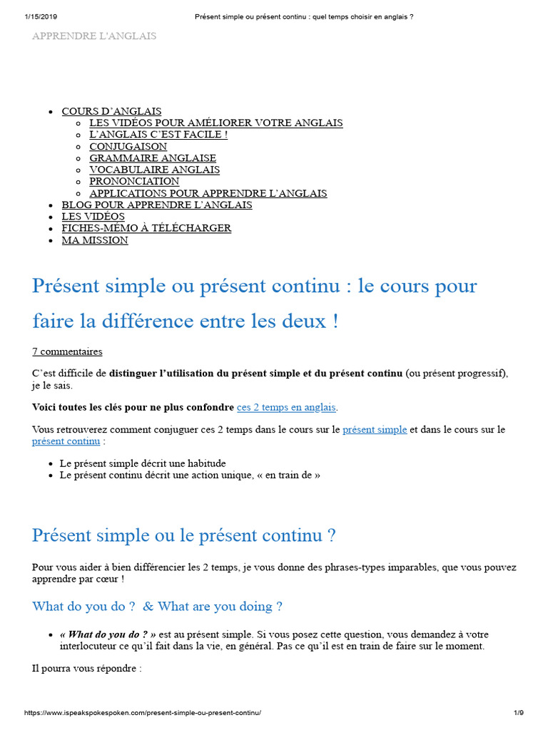 Différences entre présent simple et continu | PDF | Mécanique du ...