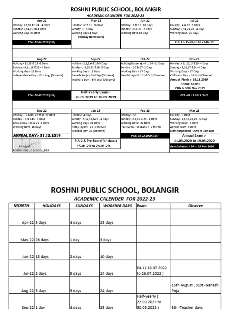 Roshni Public School Academic Calendar 2022-23 | PDF | Observances