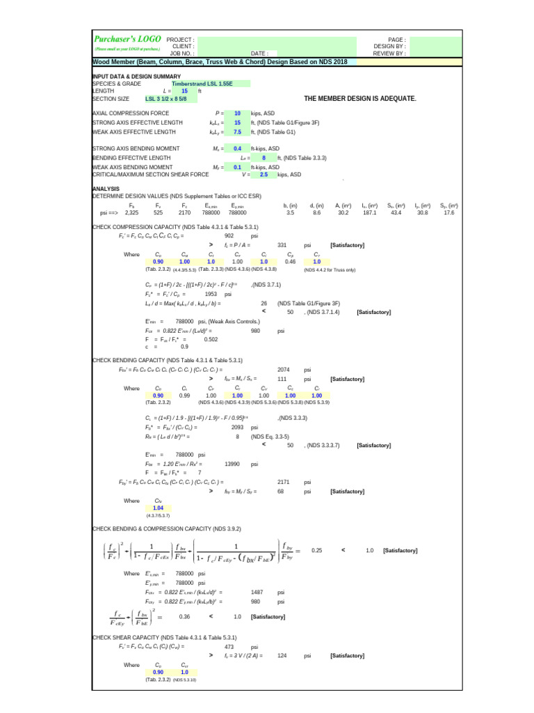 Wood Member Design Analysis NDS 2018 | PDF | Beam (Structure ...