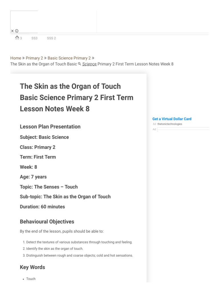 The Skin As The Organ of Touch - Edu Delight Tutors | PDF | Senses ...