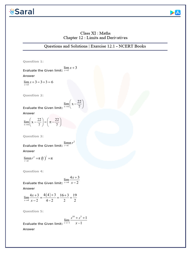 Class 11 Limits and Derivatives Solutions | PDF | Function (Mathematics ...