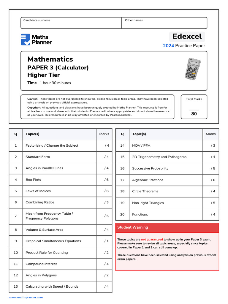 Edexcel 2024 Practice Paper 3 Higher | PDF | Mathematics