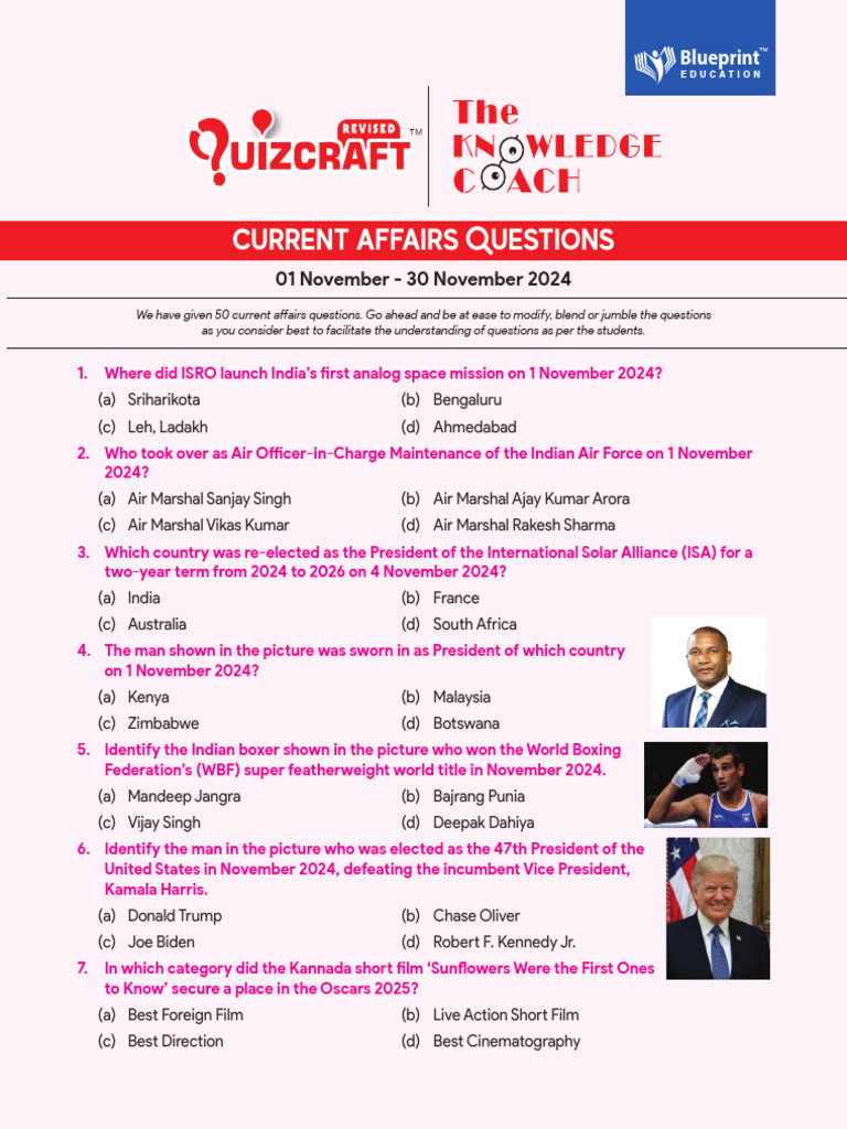 Current Affairs 1 November - 30 November 2024 | PDF