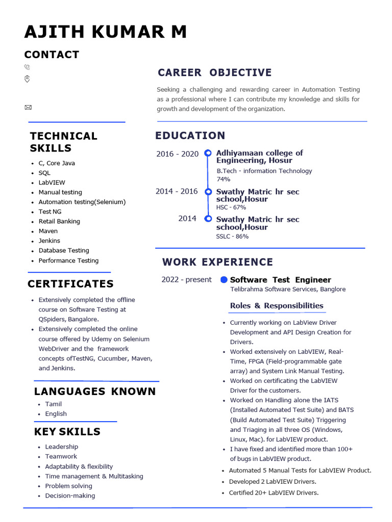 Automation Testing Resume of Ajith Kumar | PDF | Sql | Selenium (Software)
