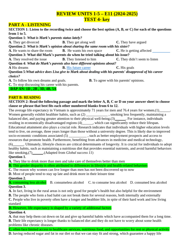 Review Units 1 5 Test 4 Key Pdf Dances Life Expectancy