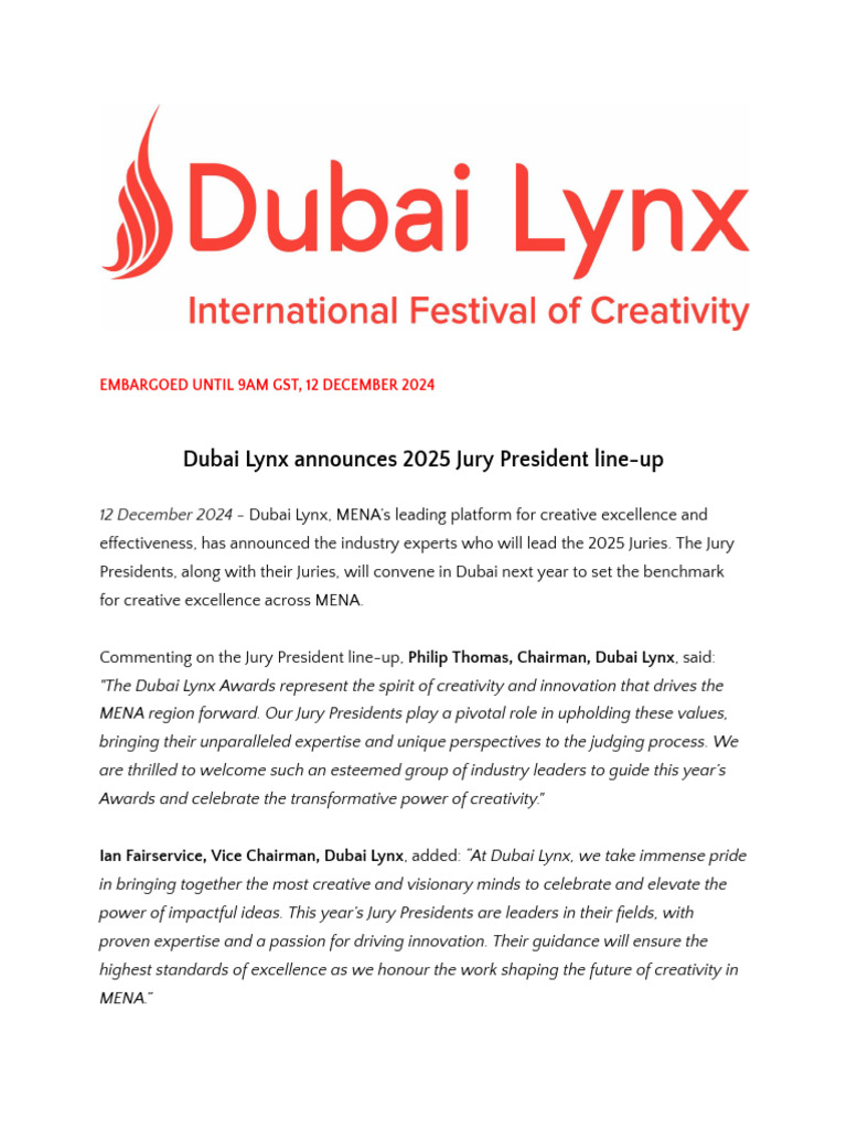 Dubai Lynx Announces 2025 Jury President Line-Up | PDF, image size:768x1024
