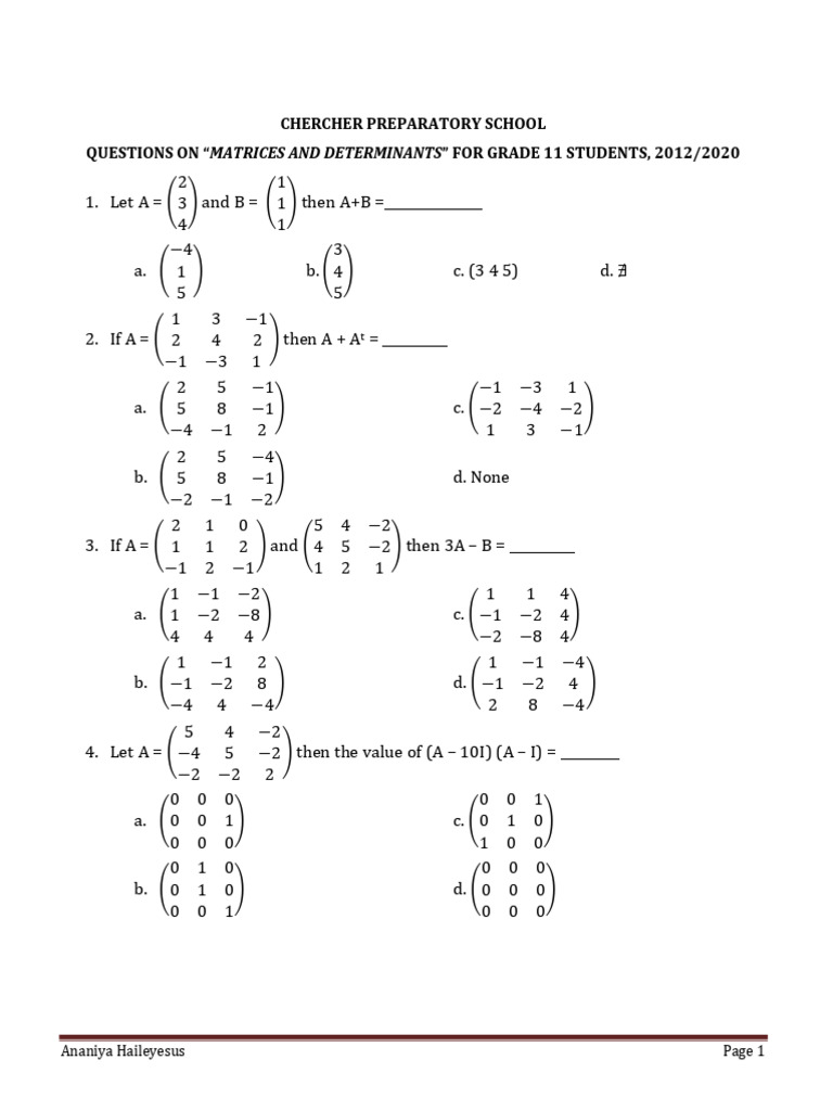 Grade 11 Matrix & Determinant Questions | PDF | Matrix (Mathematics ...