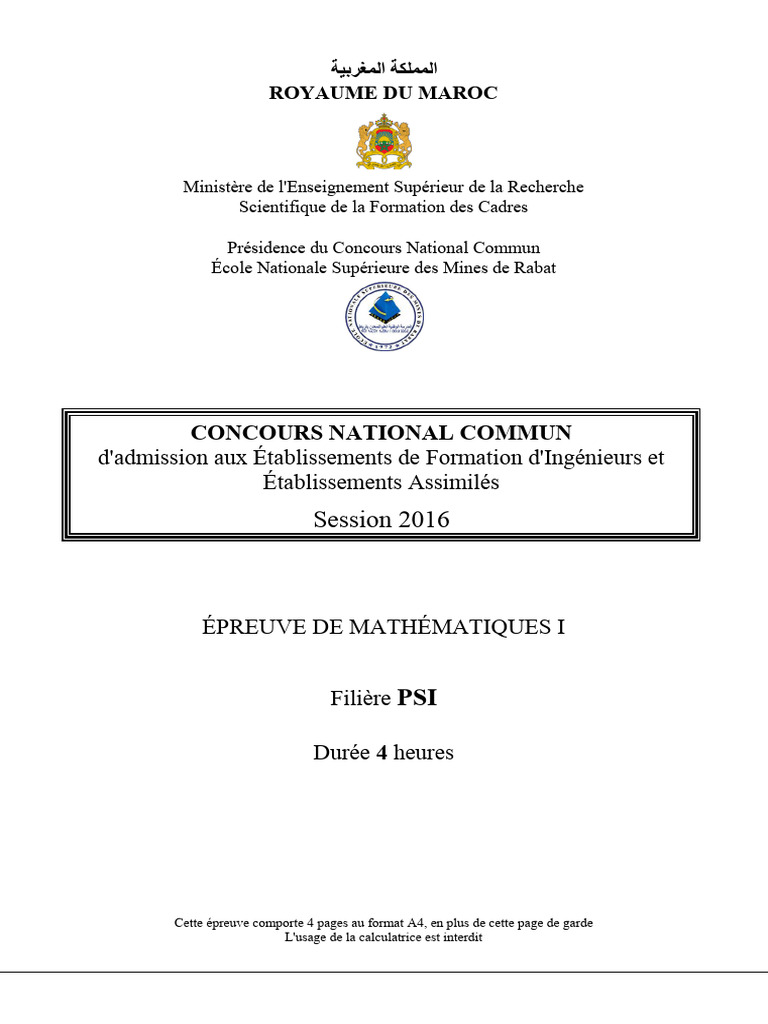 Épreuve de Mathématiques I - Concours 2016 | PDF | Limite ...