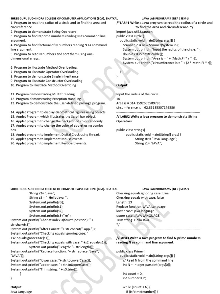 JAVA LAB PROGRAMS SEM-3 NEP 1-12 (3) | PDF | Area | Constructor (Object ...