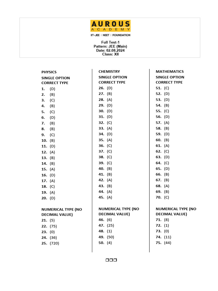 Full Test-1 - XII - Answer Key | PDF