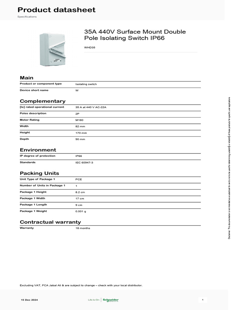 35A 440V IP66 Isolating Switch Specs | PDF | Economy And The Environment