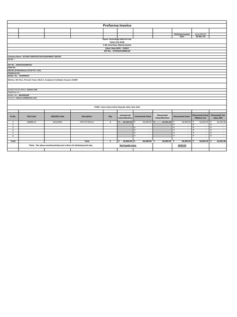 Proforma Invoice for Dyson Equipment | PDF | Taxation | Taxes