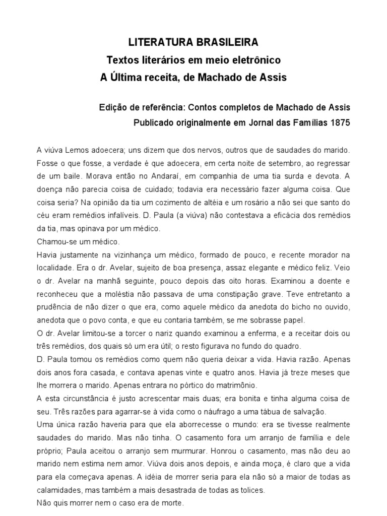 A Ultima Receita Machado De Assis Remedio Amor