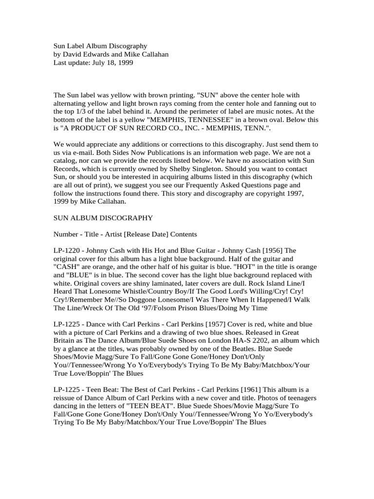 Sun Label Album Discography | PDF | Sound Recording | Rock Music